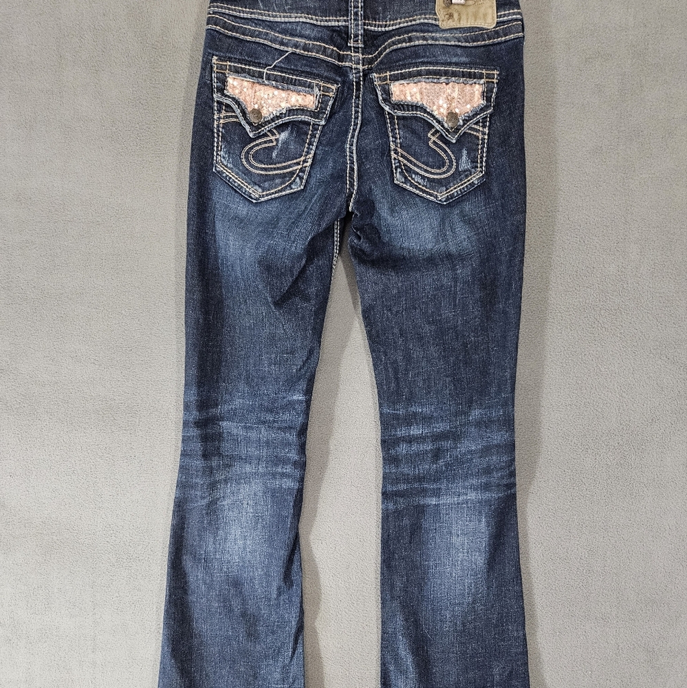 Silver Suki Mid-rise Bootcut Jeans Size 29 X 33 Dark Blue Gold Embroidery